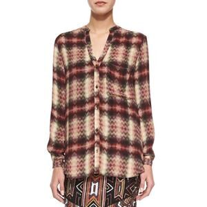 Haute Hippie Long Sleeve Pocket Blouse Tribal Chevron Plaid Small